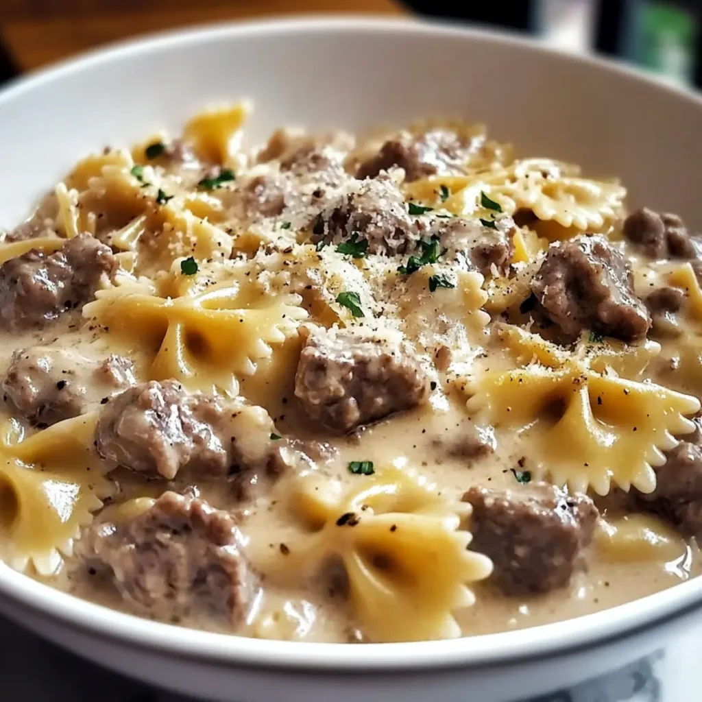 Creamy Beef and Bowtie Pasta with Garlic Parmesan Sauce