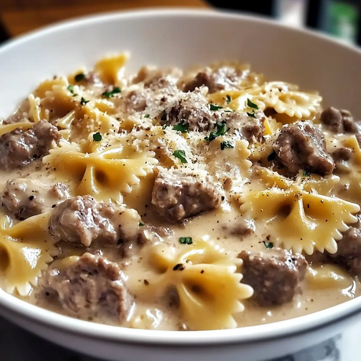 Creamy Beef and Bowtie Pasta with Garlic Parmesan Sauce