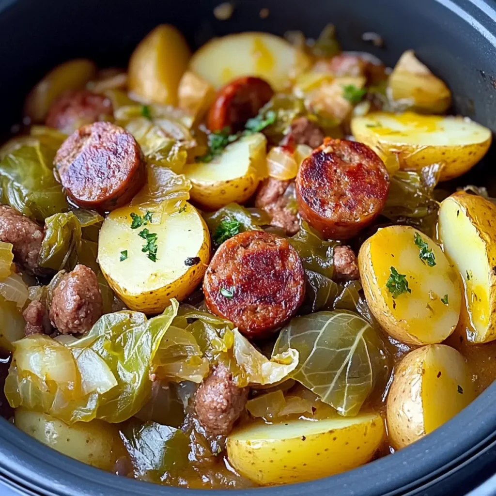 Easy Cabbage, Potatoes & Beef Sausage in a Slow Cooker Delight