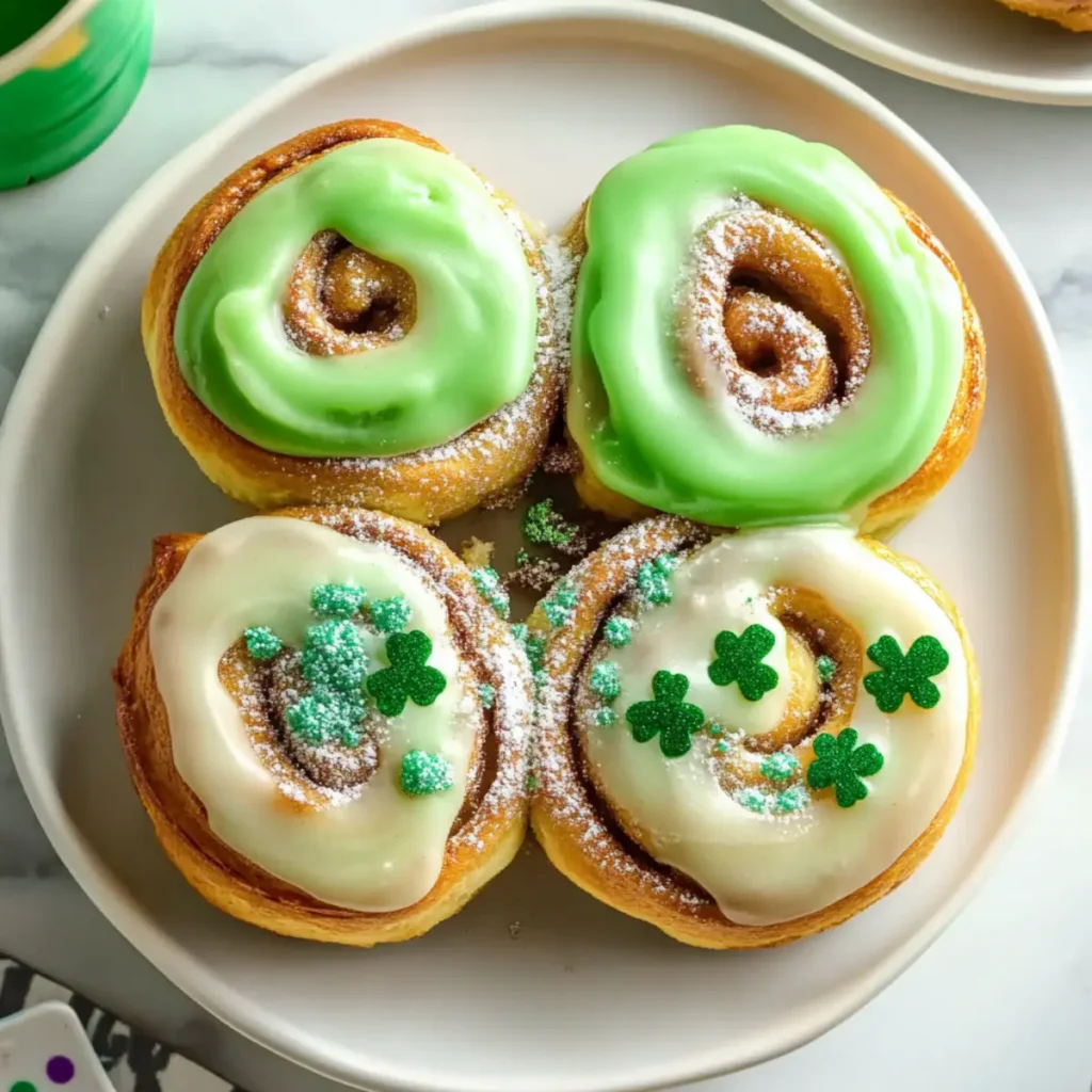 Over-the-Rainbow Cinnamon Rolls with Green Icing for St. Patrick’s Day