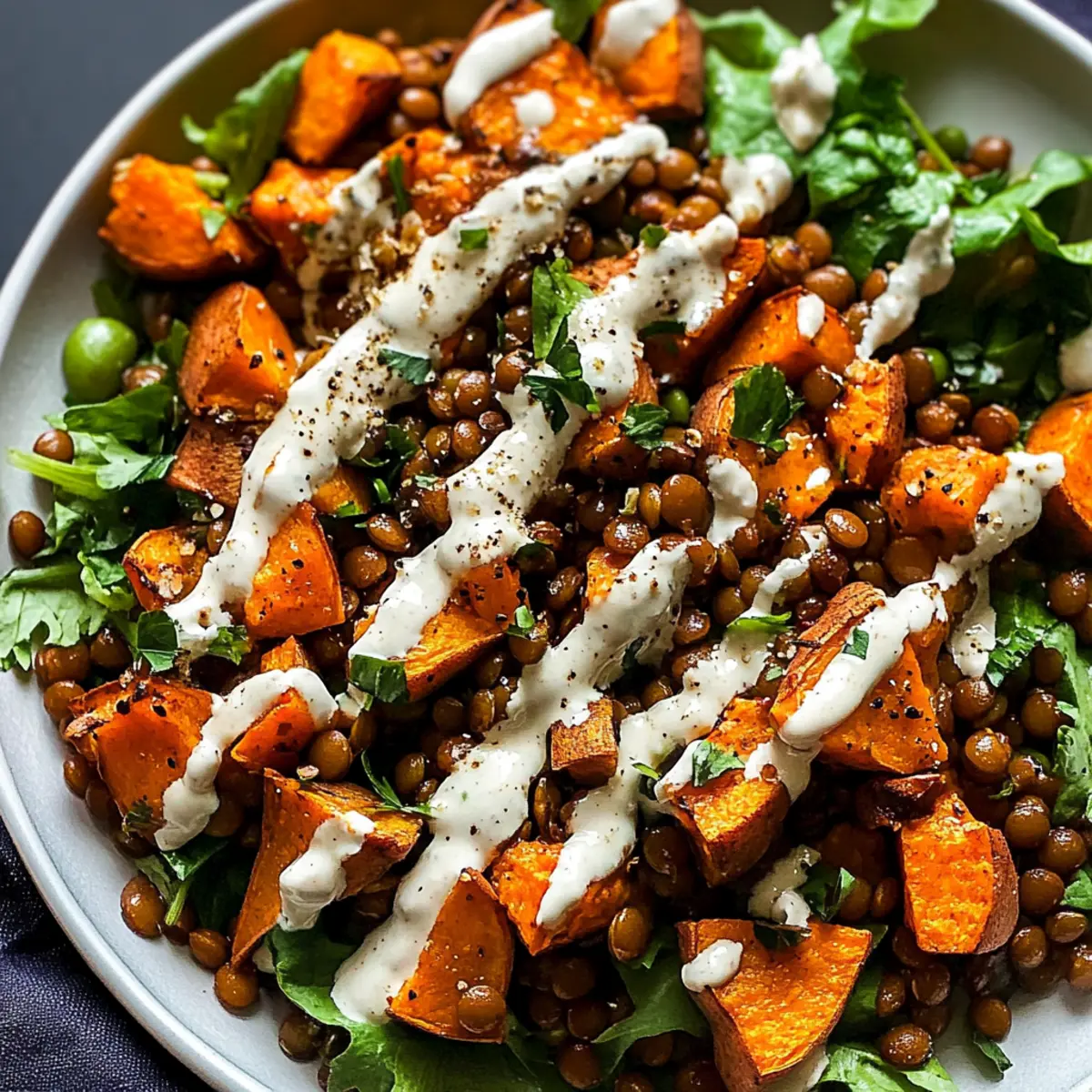 Sweet Potato Lentil Salad with Roasted Garlic Tahini Dressing