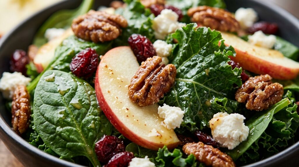 Ultra close-up macro of fresh autumn harvest salad with crisp Honeycrisp apples, candied pecans, creamy goat cheese, dried cranberries, and glossy maple dijon vinaigrette