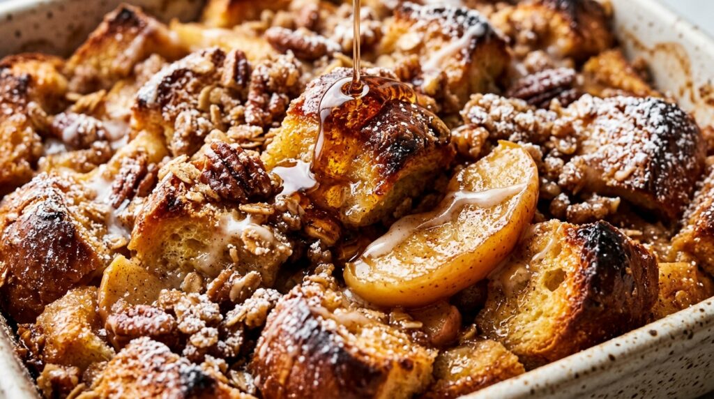 Ultra close-up macro of golden puffed brioche apple cinnamon French toast casserole with caramelized apples, crunchy pecan streusel, and dripping maple syrup