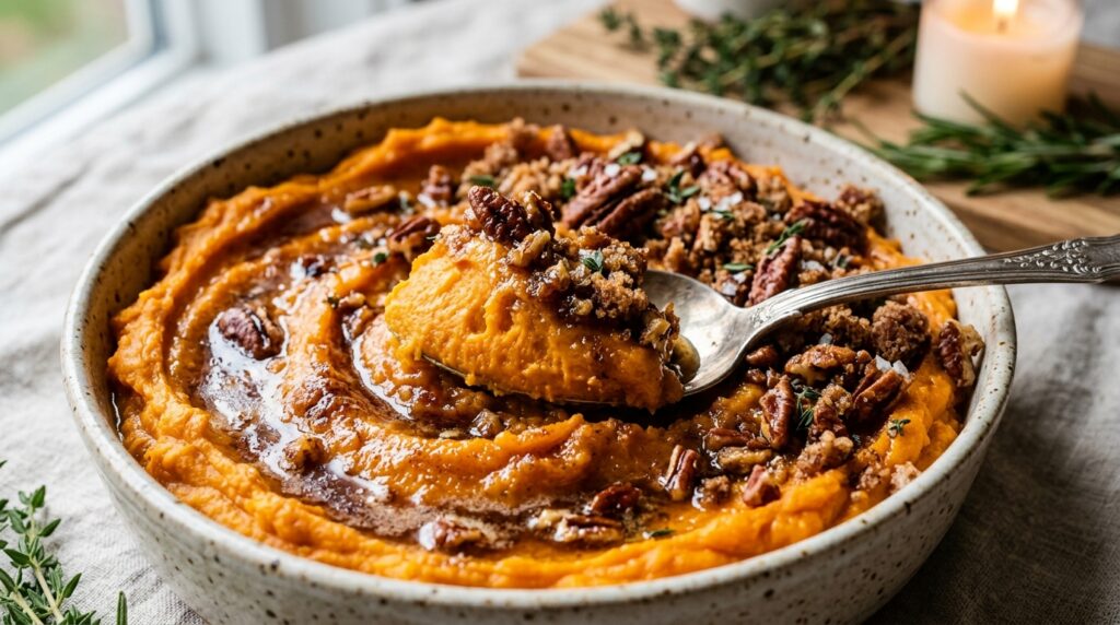 Ultra close-up macro of velvety whipped brown butter sweet potatoes topped with crunchy spiced pecan streusel, amber maple glaze, and fresh thyme