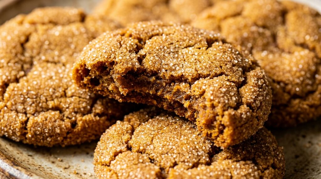 Ultra close-up macro of chewy brown butter pumpkin snickerdoodle cookie broken in half showing fudgy spiced center and crinkled sparkling cinnamon sugar top