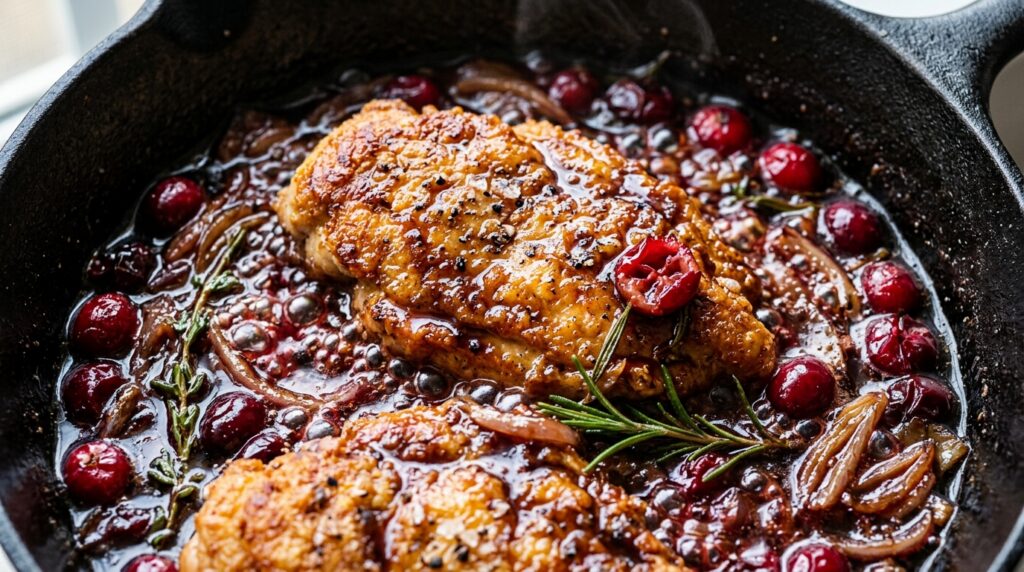 Ultra close-up macro of golden crispy seared chicken cutlets simmering in a bubbling ruby-red cranberry balsamic glaze with fresh rosemary and caramelized shallots