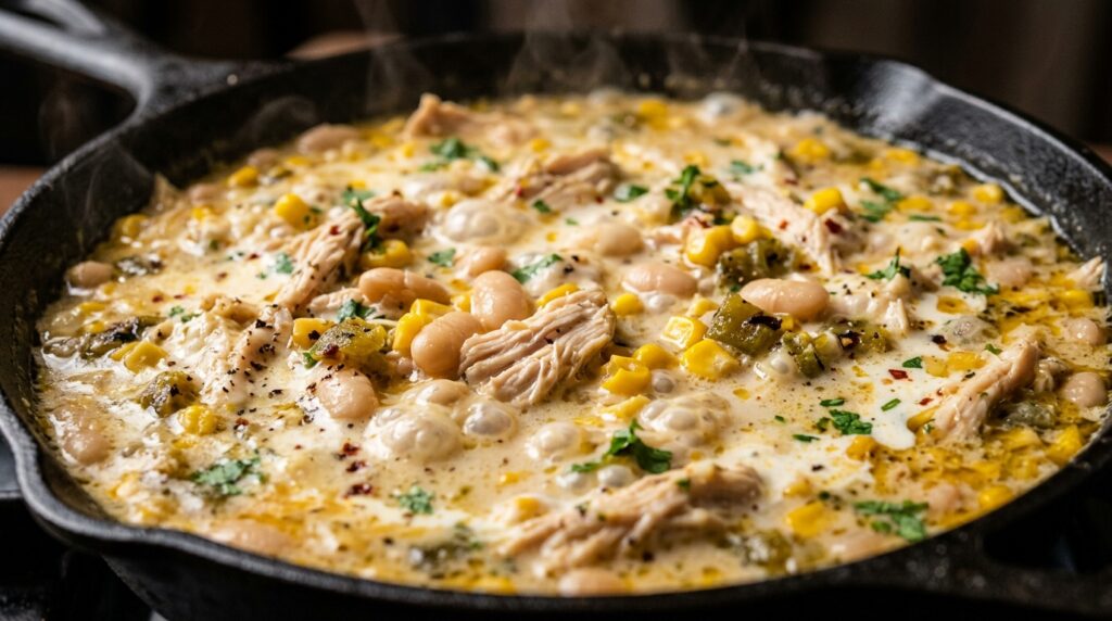 Ultra close-up macro of bubbling cozy creamy white chicken chili in cast iron skillet with tender shredded chicken, white cannellini beans, fire-roasted green chiles, and melted cheese