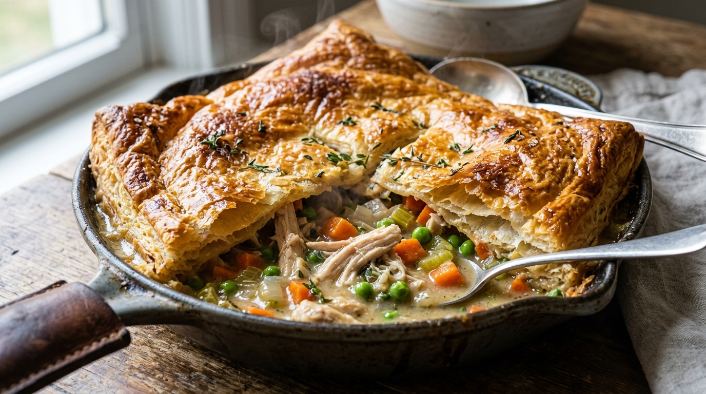 Ultra close-up macro of cozy skillet chicken pot pie baked with golden flaky puff pastry crust revealing velvety shredded chicken velouté gravy