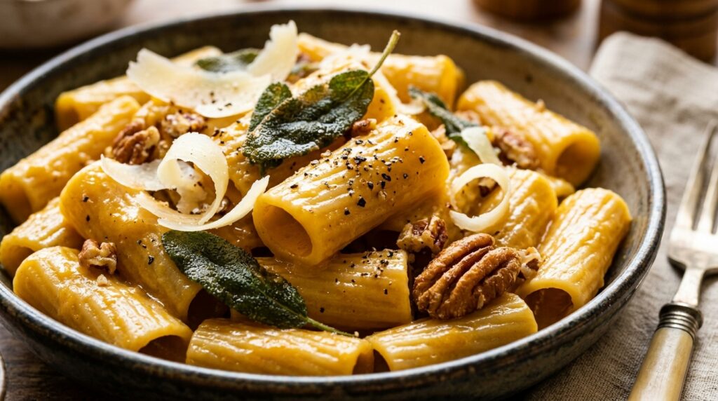 Ultra close-up macro of creamy roasted butternut squash rigatoni pasta glistening in golden garlic parmesan cream with crispy fried sage and parmigiano curls