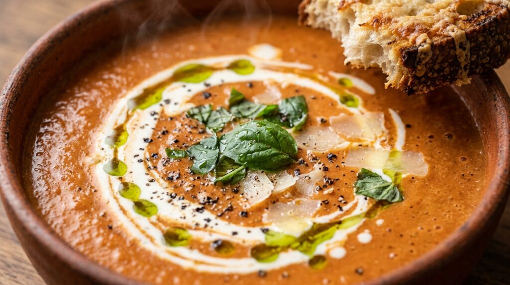 Ultra close-up macro of creamy roasted tomato basil bisque in ceramic bowl with cream swirl, olive oil drizzle, shaved parmesan, and crusty parmesan sourdough dipper