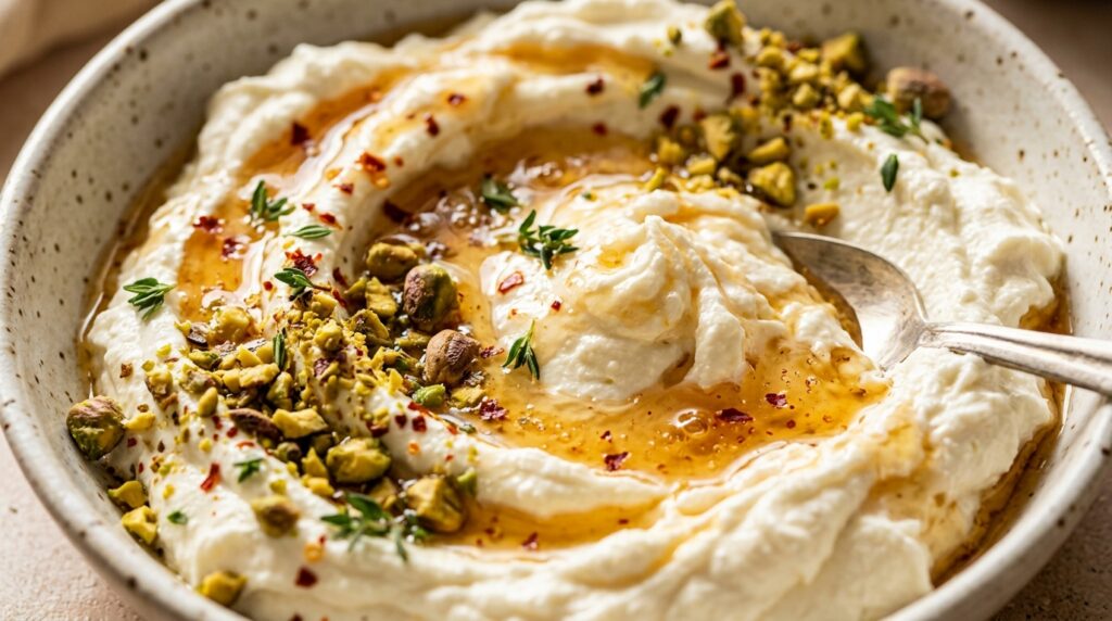 Ultra close-up macro of creamy whipped feta dip swirled in ceramic bowl with warm hot honey drizzle, crushed emerald pistachios, chili flakes, and fresh thyme