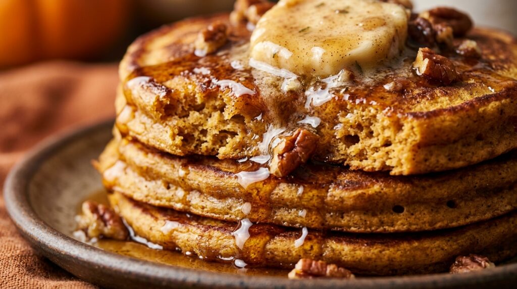 Ultra close-up macro of fluffy spiced pumpkin buttermilk pancakes with melting whipped maple cinnamon butter and cascading dark maple syrup