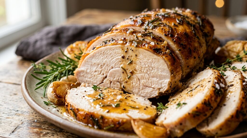 Ultra close-up macro of sizzling golden-brown roasted garlic herb butter turkey tenderloin carved into thick juicy slices drizzled with pan juices