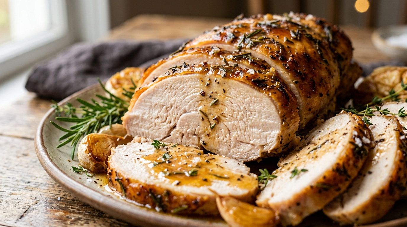 Ultra close-up macro of sizzling golden-brown roasted garlic herb butter turkey tenderloin carved into thick juicy slices drizzled with pan juices