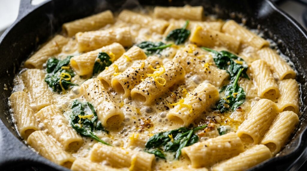 Ultra close-up macro of creamy lemon garlic ricotta rigatoni tossed with tender baby spinach