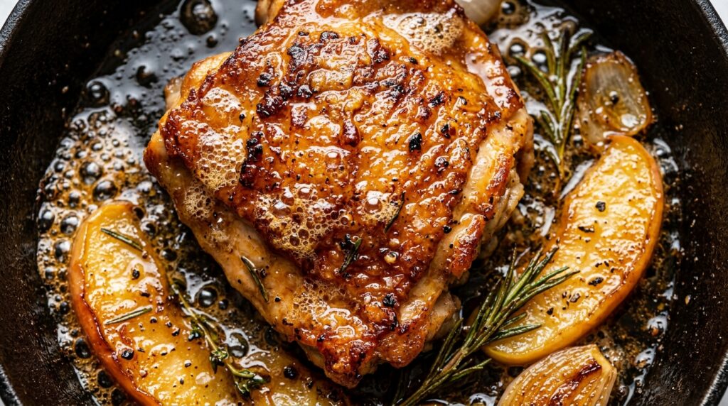 Ultra close-up macro of golden crispy seared chicken thighs bathed in bubbling amber apple cider pan glaze with caramelized Honeycrisp apples and fresh rosemary