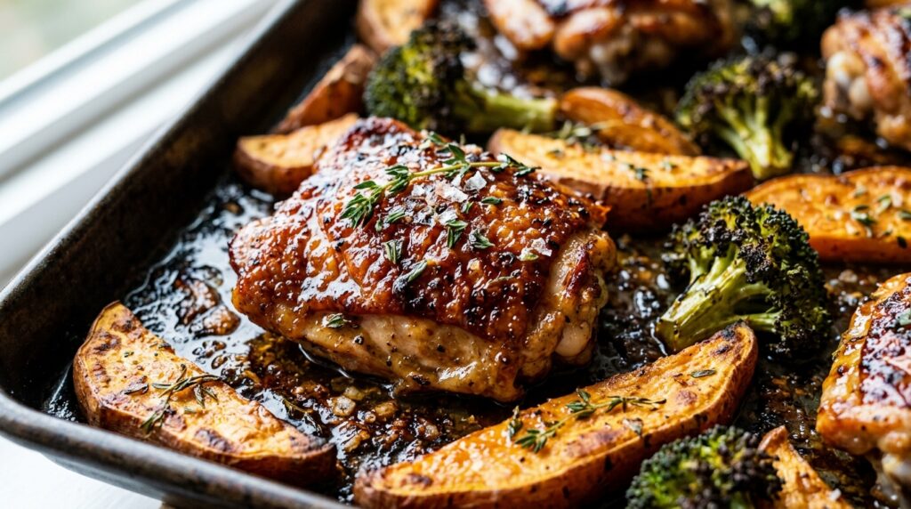 Ultra close-up macro of sizzling sheet pan maple Dijon glazed chicken thighs roasted with sweet potatoes and charred broccoli