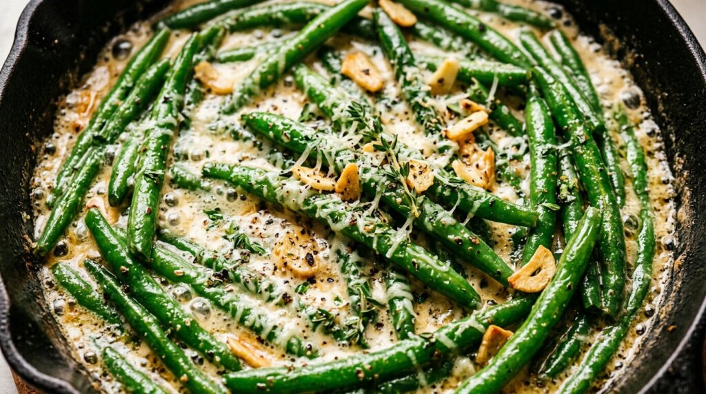 Ultra close-up macro of tender-crisp blistered fresh green beans bathed in bubbling garlic parmesan cream sauce in a cast iron skillet