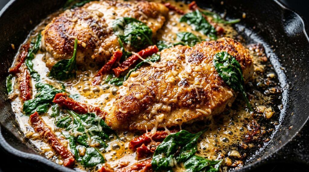 Creamy sun-dried tomato garlic chicken cutlets simmering in skillet