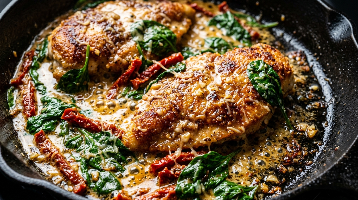 Creamy sun-dried tomato garlic chicken cutlets simmering in skillet