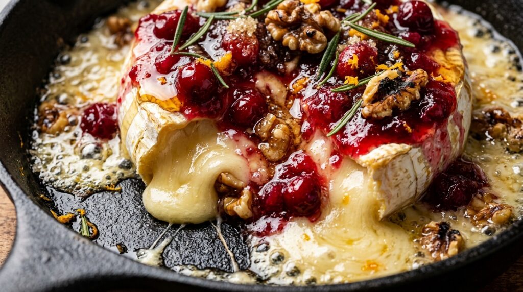Ultra close-up macro of molten bubbling baked wheel of Brie cheese in a cast iron skillet smothered in ruby cranberry sauce, pure honey, and toasted walnuts