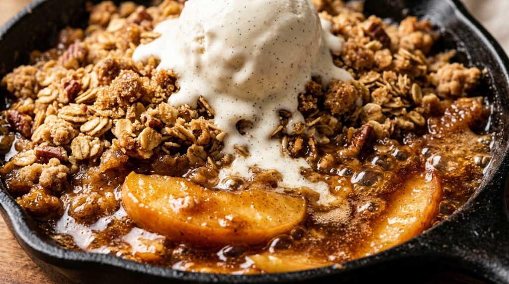 Ultra close-up macro of warm skillet spiced apple crisp bubbling with cinnamon caramel and topped with crunchy brown butter oat pecan crumble and melting vanilla bean ice cream