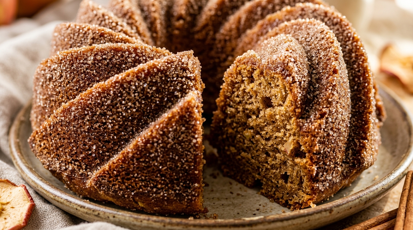 Ultra close-up macro of warm apple cider donut bundt cake with sparkling cinnamon sugar crust showing moist spiced crumb