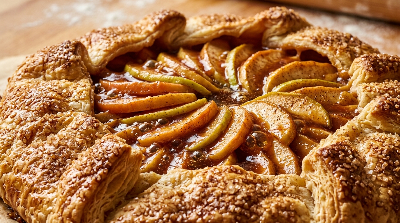Rustic salted caramel apple galette with flaky golden crust and sparkling sugar crystals