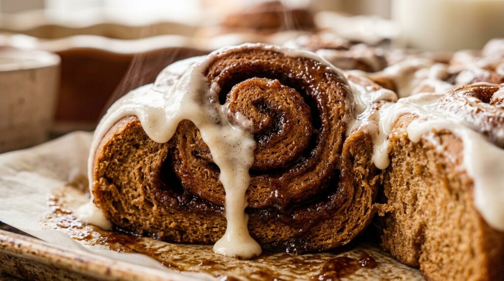 Soft glazed gingerbread cinnamon rolls with vanilla cream cheese icing dripping over gooey spiced swirls