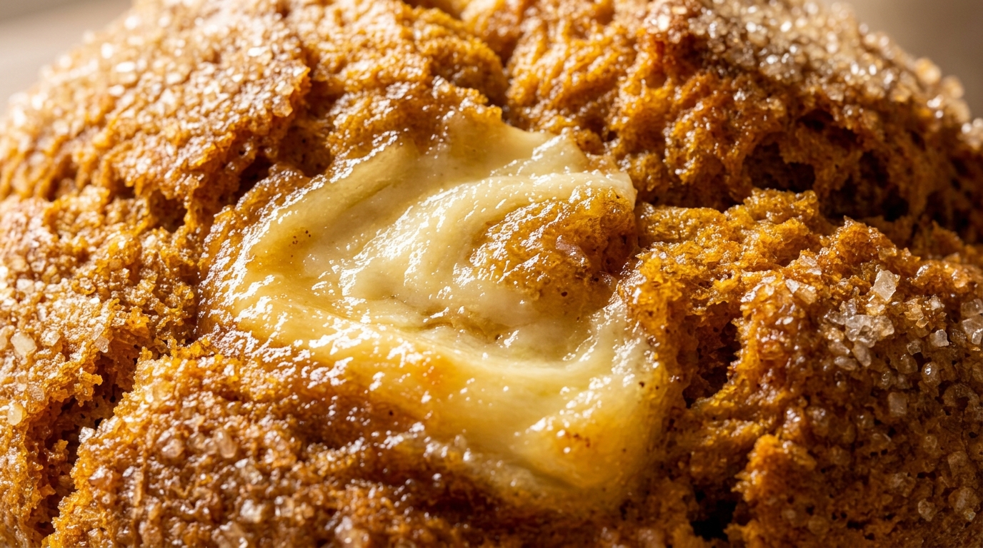 Bakery-style spiced pumpkin cream cheese swirl muffin with golden domed top and roasted pepitas