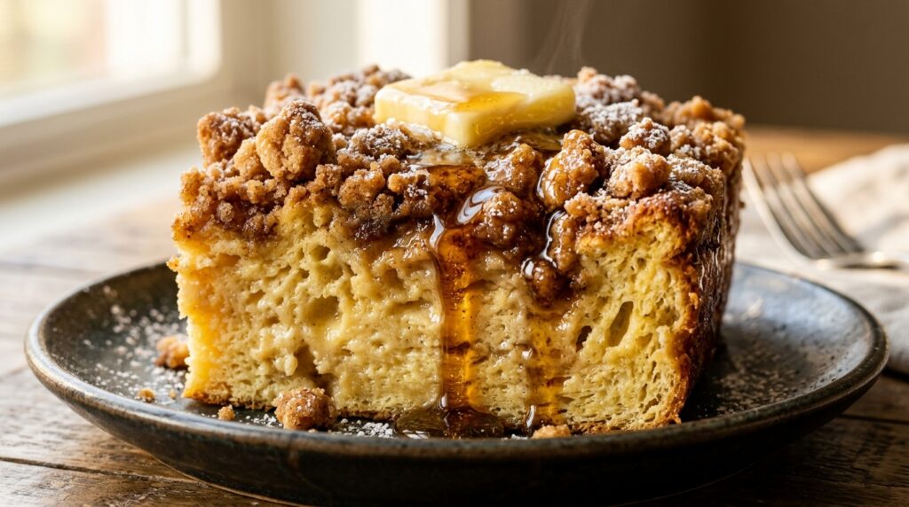 Extreme macro food photography of a warm square of golden baked brioche French toast casserole with crunchy cinnamon brown sugar streusel and maple syrup