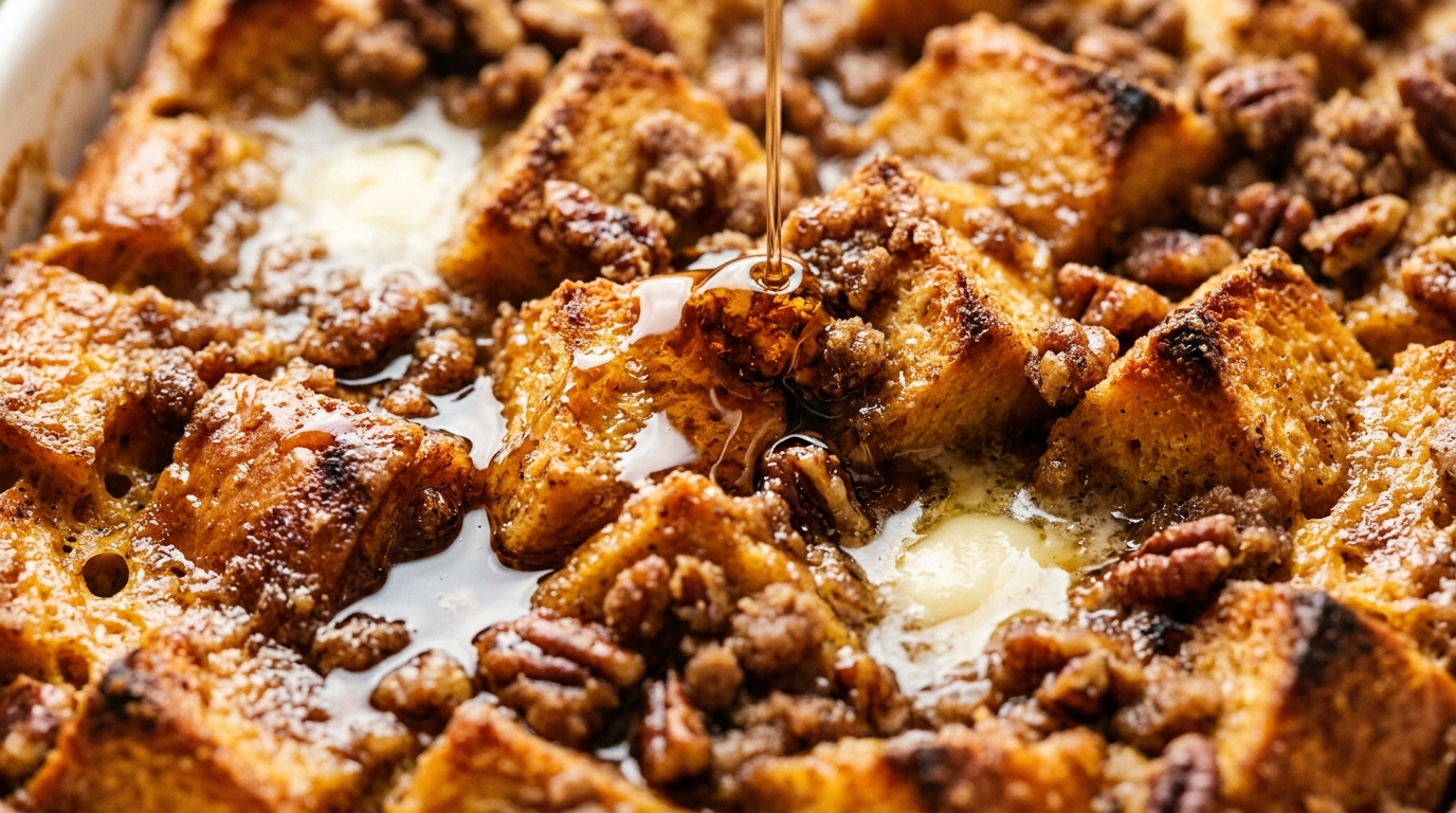 Ultra close-up macro of warm baked brioche pumpkin french toast casserole with golden caramelized cubes and crispy pecan streusel