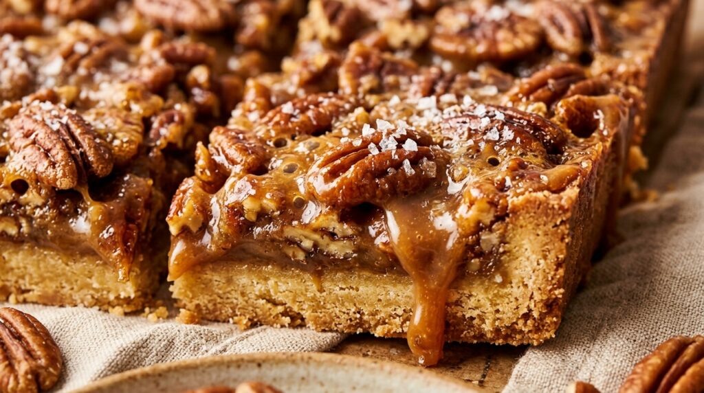 Chewy caramel pecan pie bars with golden shortbread crust and sea salt