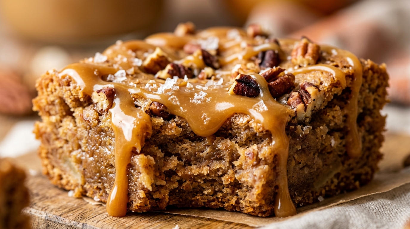 Chewy Salted Caramel Apple Cider Blondie square ultra close-up macro with caramel drizzle and flaky sea salt