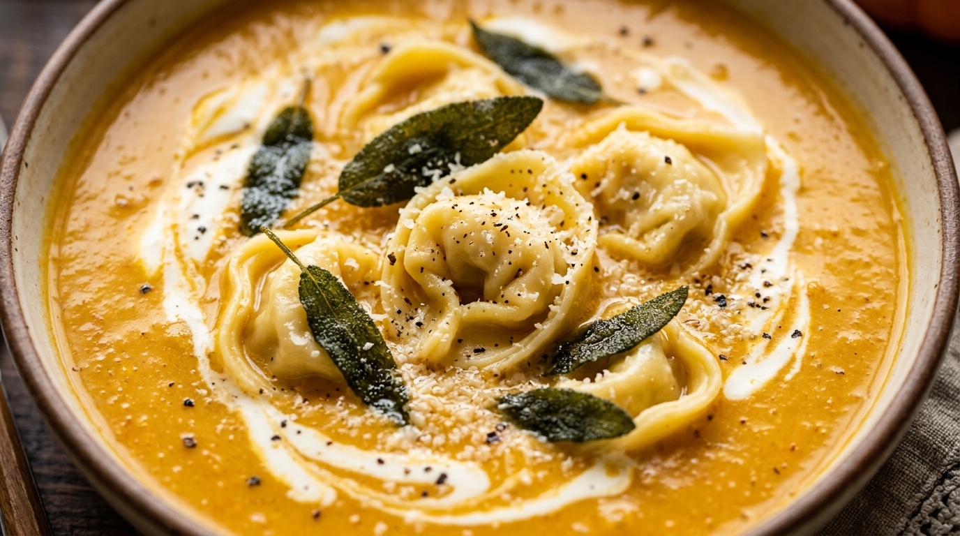 Ultra macro close-up of tender cheese tortellini floating in velvety golden pumpkin cream broth crowned with crispy fried sage