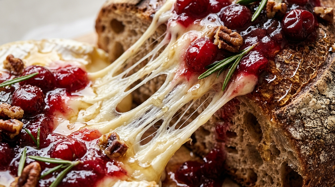 Ultra macro close-up of molten brie cheese stretching from warm crusty sourdough with ruby cranberry sauce and rosemary