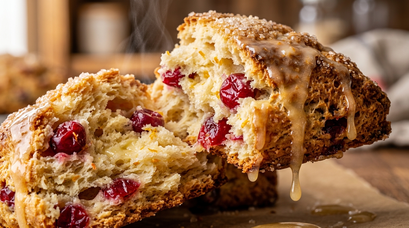Ultra macro close-up of a broken bakery-style cranberry orange scone showing flaky interior layers and sweet citrus glaze