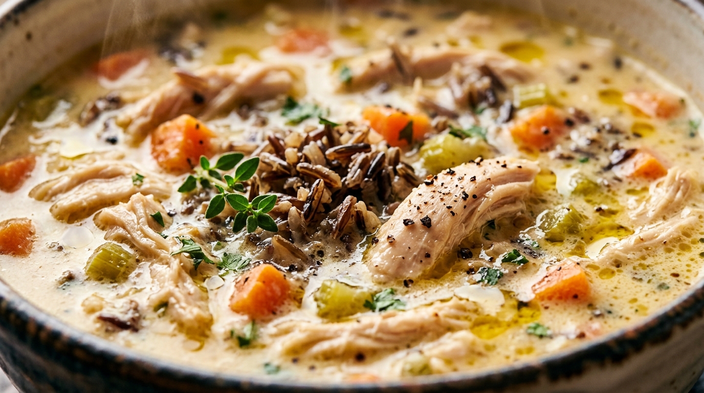 Ultra close-up macro of creamy chicken wild rice soup brimming with tender pulled chicken, wild rice, carrots, and fresh thyme