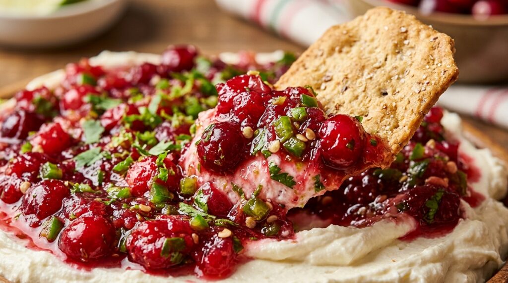 Creamy cranberry jalapeño holiday dip with whipped cream cheese and artisan crackers