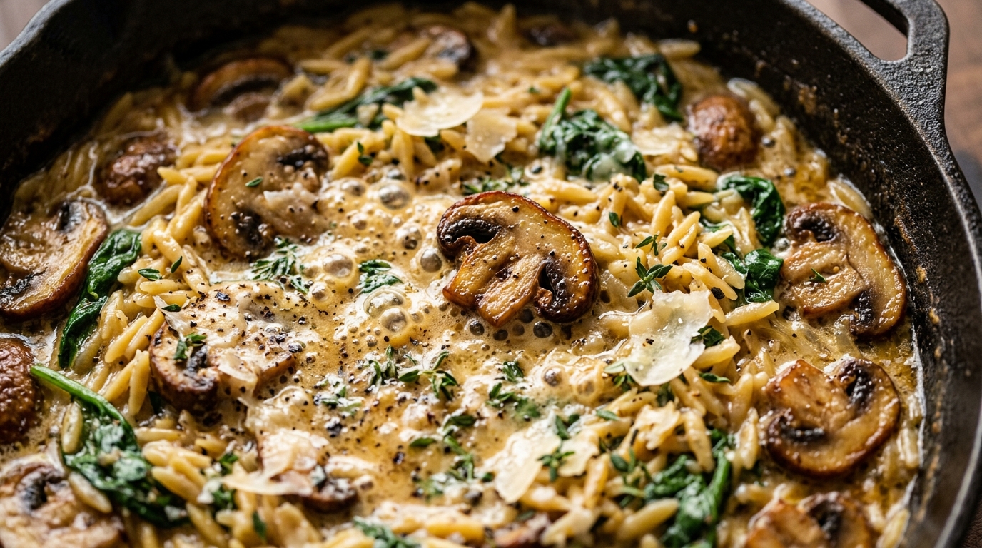 Ultra close-up macro of creamy garlic parmesan mushroom orzo simmering in a cast iron skillet with golden mushrooms and melted parmesan