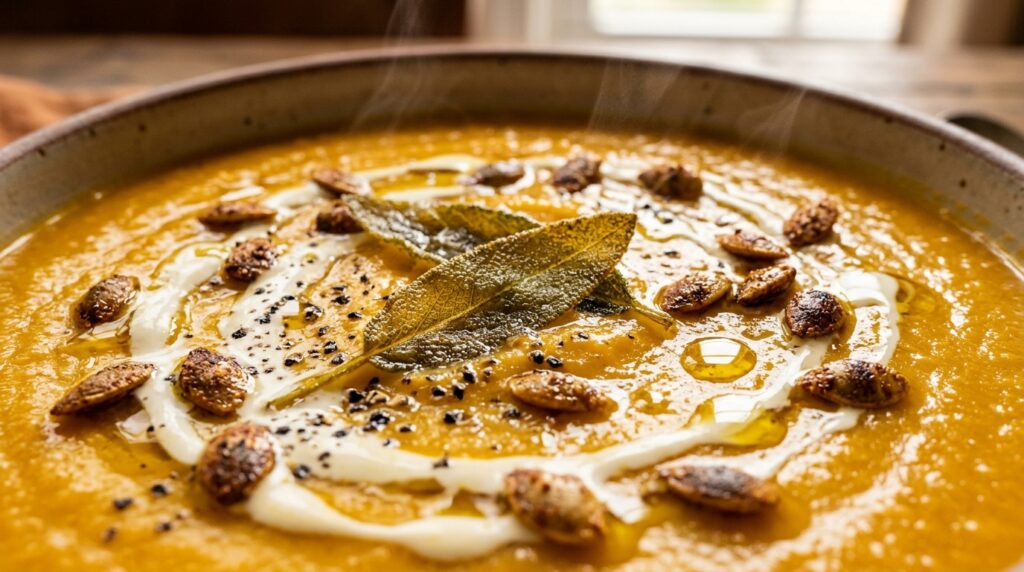 Extreme macro food photography of creamy roasted butternut squash soup with heavy cream swirls, crispy fried sage leaves, and toasted pepitas