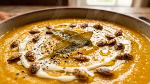 Extreme macro food photography of creamy roasted butternut squash soup with heavy cream swirls, crispy fried sage leaves, and toasted pepitas