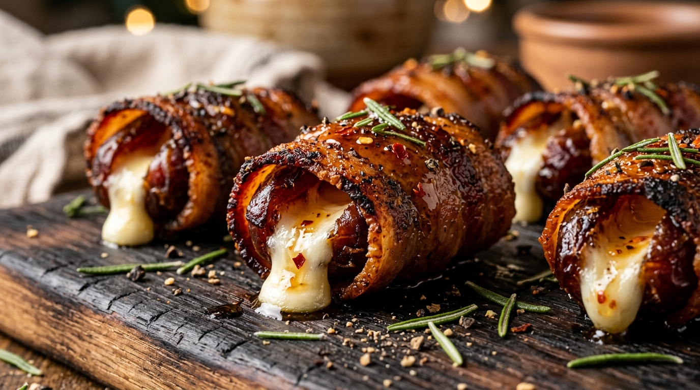 Crispy bacon wrapped Medjool dates stuffed with warm goat cheese and drizzled with hot honey