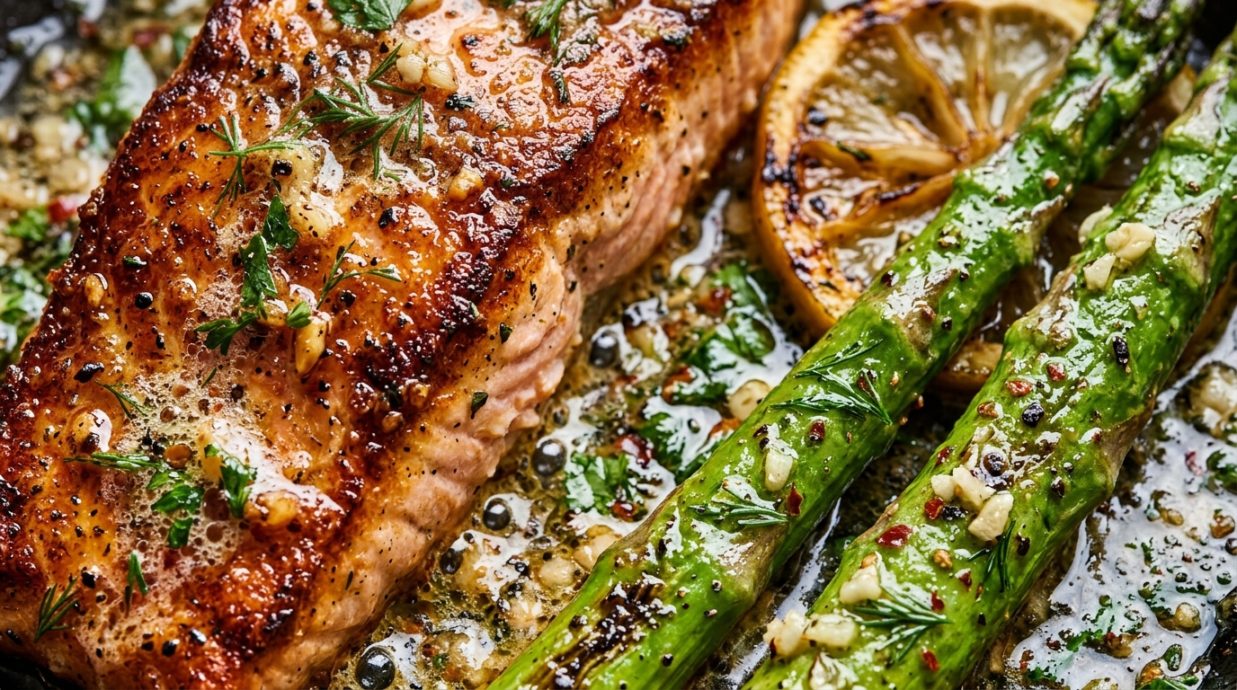Ultra close-up macro of crispy pan-seared salmon fillet glistening with bubbling lemon garlic butter alongside tender asparagus
