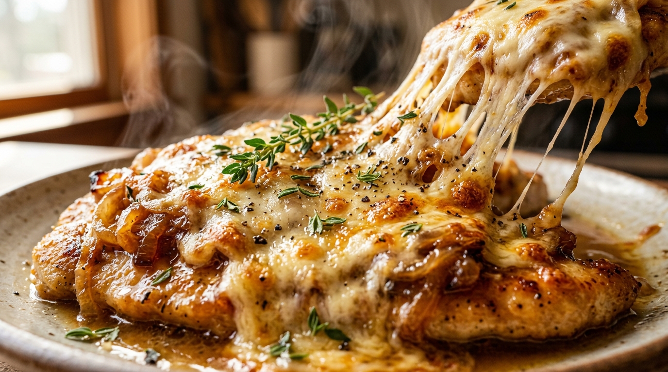Ultra macro close-up of molten bubbly Gruyere cheese stretching from caramelized French onion chicken cutlet