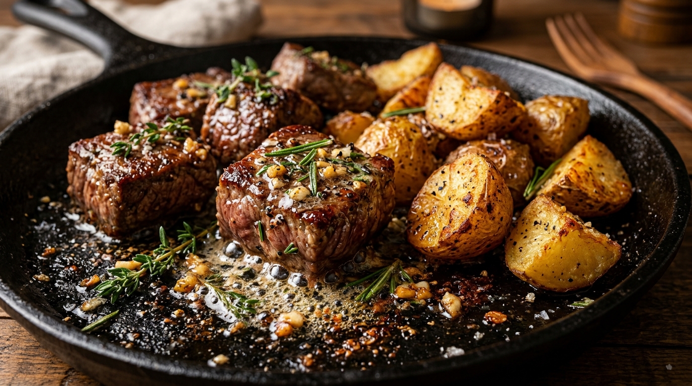 Extreme macro food photography of sizzling seared garlic butter steak bites and golden crispy potatoes in a cast-iron skillet