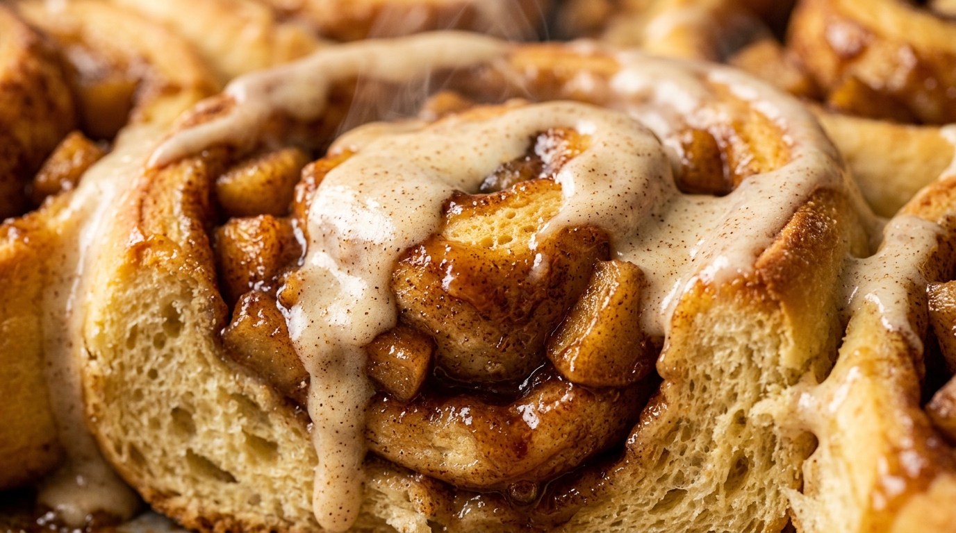 Ultra close-up macro of warm freshly baked apple pie stuffed cinnamon rolls dripping with vanilla cream cheese glaze