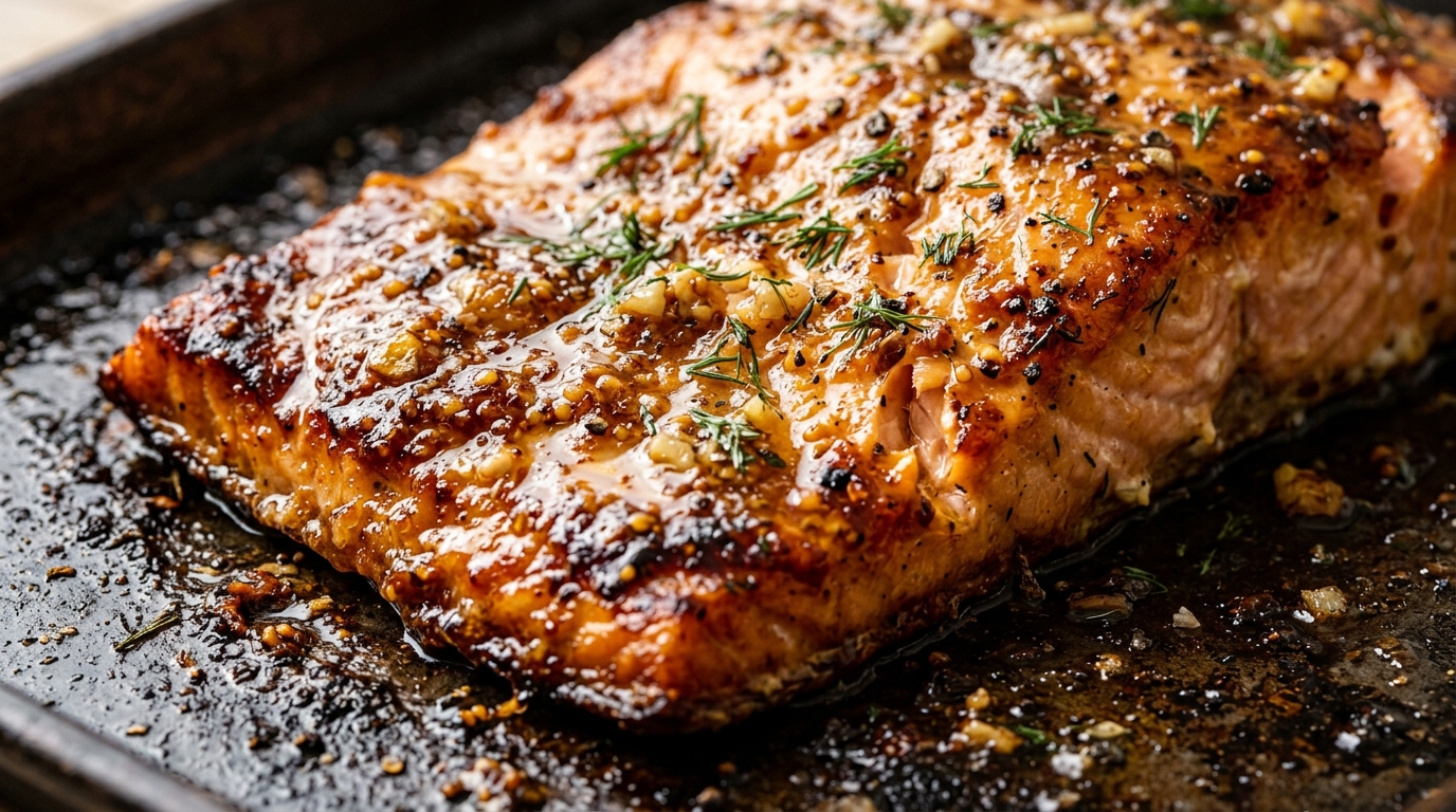 Sizzling caramelized sheet pan honey Dijon glazed salmon fillets with fresh dill and cracked pepper
