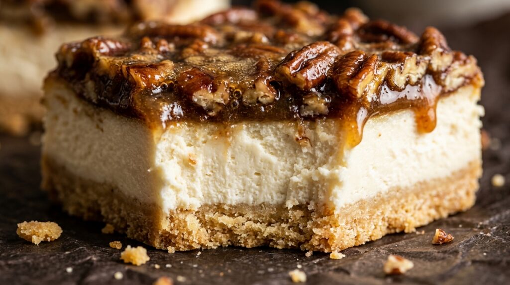 Slice of layered spiced pecan pie cheesecake topped with glistening amber caramel pecan sauce and sea salt