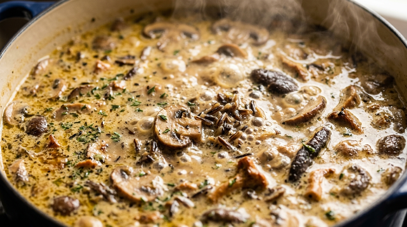 Velvety creamy wild mushroom wild rice soup simmering with tender mushrooms and herbs in an enameled Dutch oven